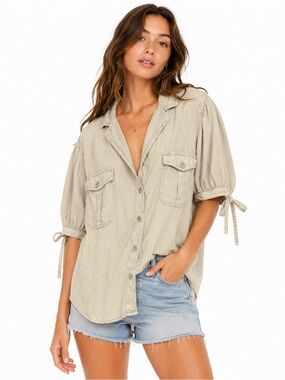 Free People Utility Tie Sleeve Blouse Oversized Boho Safari Button Front Top